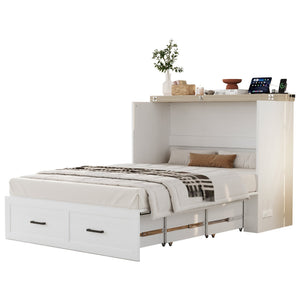 English Elm Full Farmhouse Murphy Cabinet Bed with Charging Station and Large Drawers, Space-Saving Guest Solution White 52.25 L x 26.25 W x 5.25 H N733S237853W