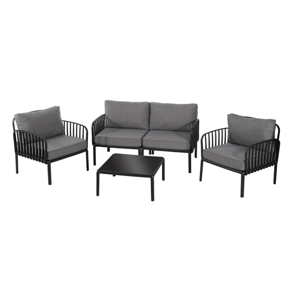 English Elm Christopher Knight Home® - 5 Modern Patio Conversation Set with Deep Seating, Waterproof Cushions, Glass Coffee Table, Durable Black+ Gray N780P19945449B