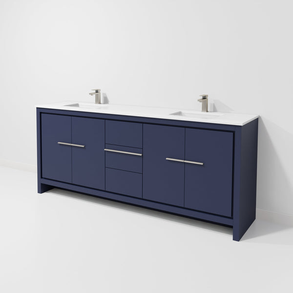 English Elm Navy Blue Double Bath Vanity With White Quartz Top & Gun Metal Faucet - Stylish Storage Solution! B2731P259541