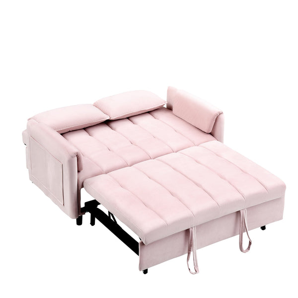 English Elm 52 Pink Modern Velvet Sofa Bed 3-in-1 Convertible Loveseat with Pillows, Pockets, Metal Legs, Compact Design W1658P266338