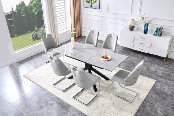 English Elm Modern Extendable Rectangular Dining Table with Scratch‑Resistant MDF Top and Matte Geometric Legs, Space‑Saving Centerpiece for Home or Office W3493S00008