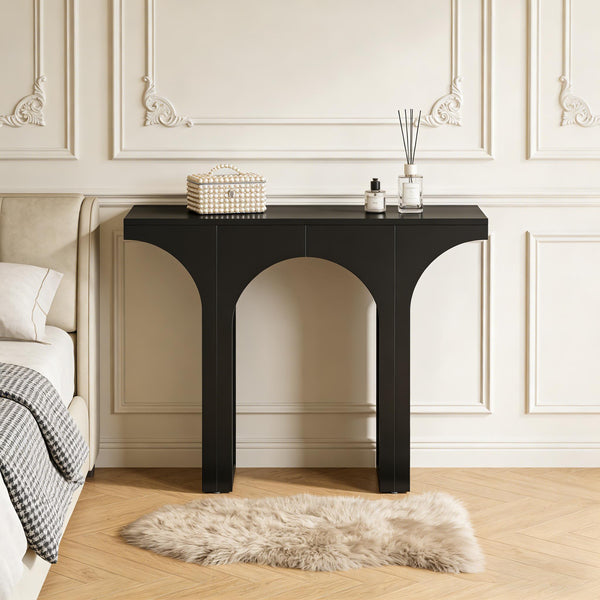 English Elm Entryway Console Table with Sculptural Stacked Wood Panels and Open Arc Base T3971P453499