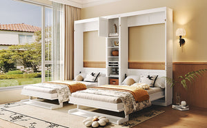 English Elm Dual Twin Wall Murphy Beds with Storage Tower Shelves for Kids or Guest Rooms White N820S00058K-1