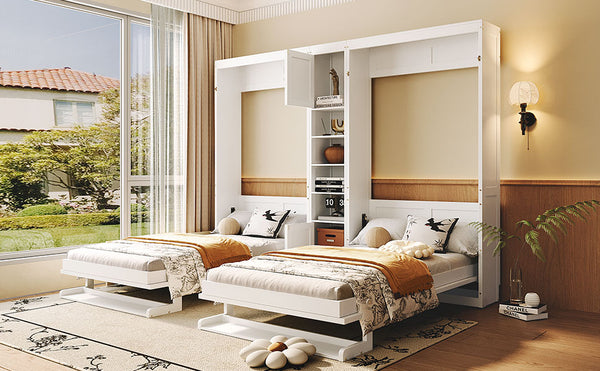 English Elm Dual Twin Wall Murphy Beds with Storage Tower Shelves for Kids or Guest Rooms White N820S00058K-1
