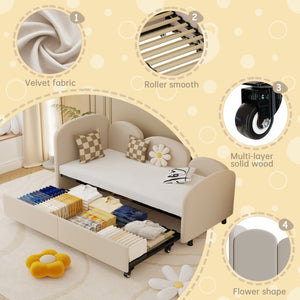 English Elm Twin Flower Velvet Daybed Frame with Pull-Out Storage Drawer, Modern Plush Sofa Bed for Kids Beige W395S00115
