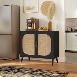 English Elm Buffet Cabinet Rattan Door Panels Solid Wood Feet Farmhouse Style Entryway Storage Black W2386P207791