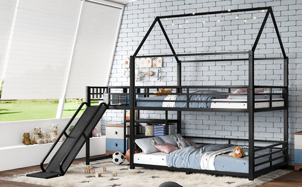 English Elm Twin House Bunk Bed with Slide Storage Stairs and Safety Rails for Kids Rooms W1580S00649