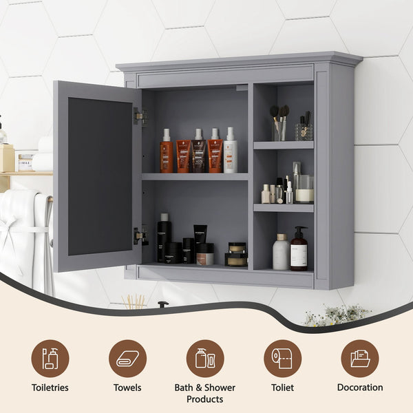 English Elm 30'' Modern Medicine Cabinet Wall Mirror with Hidden Storage and Adjustable Open Shelves for Bath Grey WF318452AAE