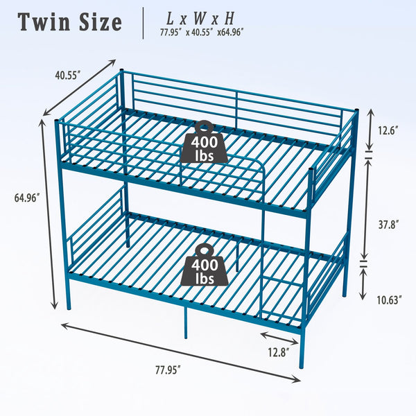 English Elm Bunk Bed Twin Over Iron Frame with Full Guardrail Ladder and Under Storage Blue W3752P412404