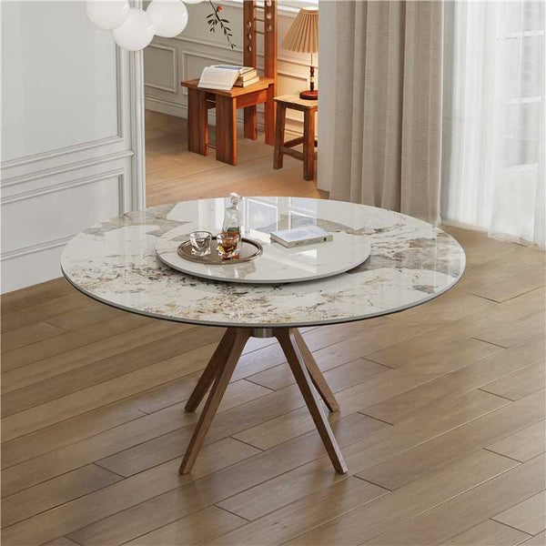 English Elm 59-Inch Modern Sintered Stone Dining Table With Turntable, Seats 6-8, Stylish Walnut Base Design W509S00133