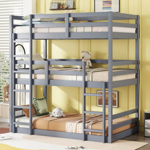 English Elm Triple Rubber Wood Bunk Bed with Built-In Ladders and Guardrails Maximizes Space for Families, Durable Design Grey W504S00174