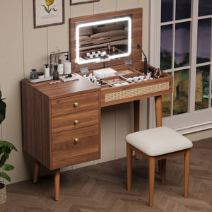 English Elm 39" Retro Bohemian Vanity Desk with Flip-Top Mirror & LED Lights, Rattan Drawers, 3-Drawer Storage, Walnut Finish N733P361800D