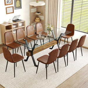 English Elm Table With 10 Ergonomic Chairs Set - Modern Glass Top, X-Shaped Black Metal Base, Stylish Comfort! W1151S04089-GIGA