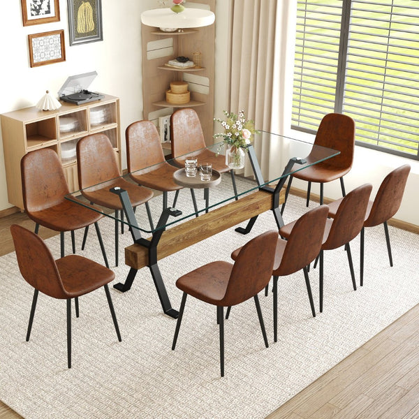 English Elm Table With 10 Ergonomic Chairs Set - Modern Glass Top, X-Shaped Black Metal Base, Stylish Comfort! W1151S04089-GIGA