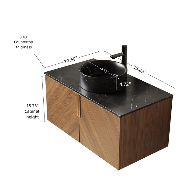 English Elm Dina Floating Bathroom Vanity Sintered Stone Top Glass Basin Striped Plywood Cabinet W2615S00550