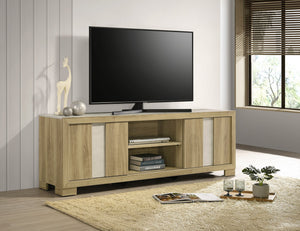 English Elm 1pc Modern Entertainment Console with Industrial Edge, Grey Wood Finish, Open Shelf & Two Drawers Driftwood 19.69 L x 75 W x 26.38 H B2741P295466