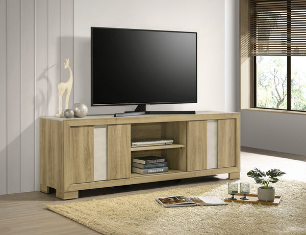 English Elm 1pc Modern Entertainment Console with Industrial Edge, Grey Wood Finish, Open Shelf & Two Drawers Driftwood 19.69 L x 75 W x 26.38 H B2741P295466