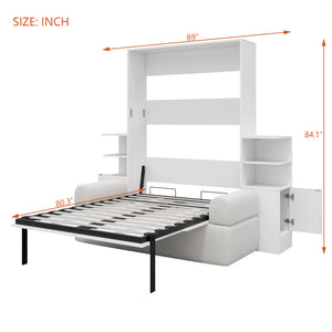 English Elm Full Size Murphy Bed System with Integrated Sofa and Storage Towers for Guest Rooms White LP000380AAK