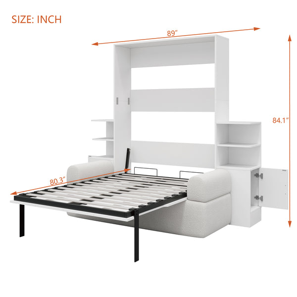 English Elm Full Size Murphy Bed System with Integrated Sofa and Storage Towers for Guest Rooms White LP000380AAK