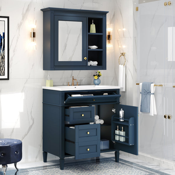 English Elm 30'' Modern Bathroom Vanity with Integrated Mirror Cabinet, Ceramic Sink, 3 Drawers & Ample Storage Blue SW000126AAC-1
