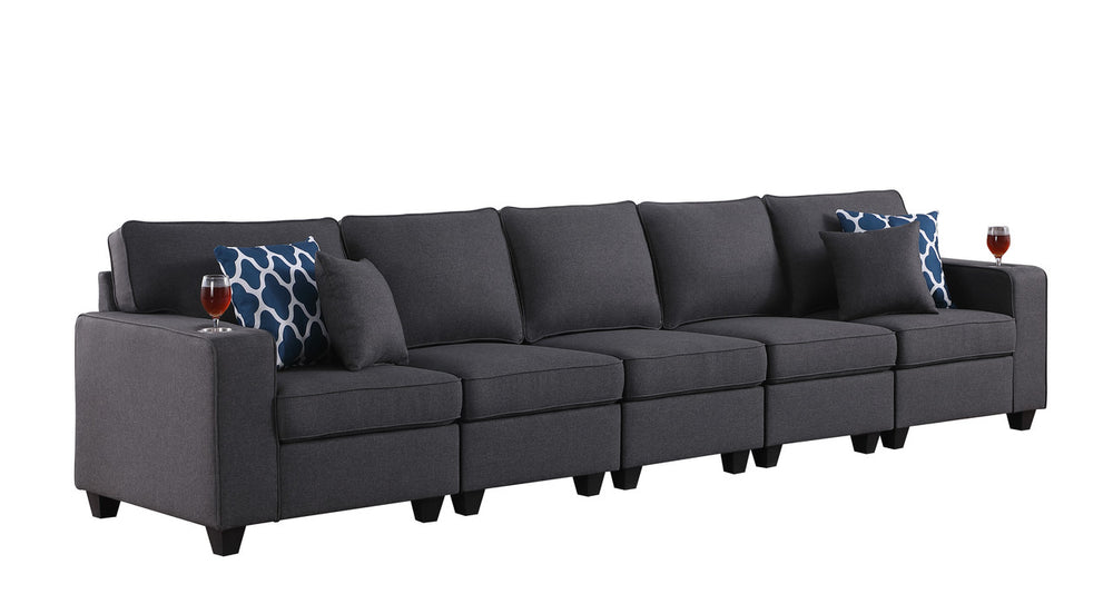 English Elm Cristiano Five Seat Modular Sofa Linen Upholstered with Built in Cupholders B2749S00103