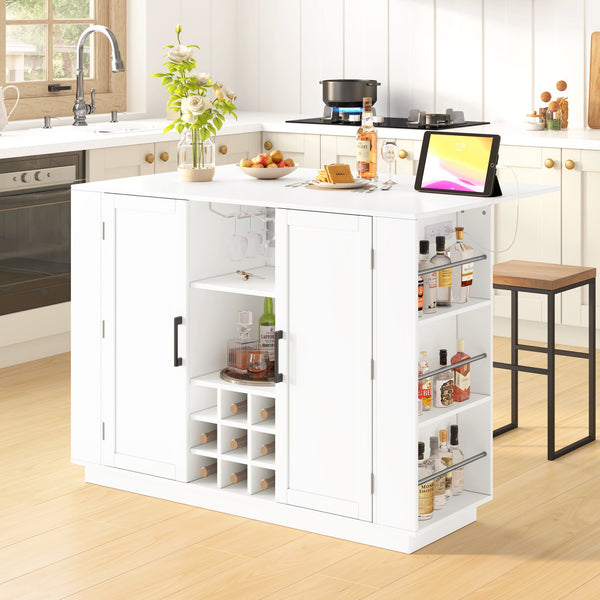 English Elm U_style Compact Kitchen Island with Drop Leaf Power Outlet Wine Rack Stemware Storage White N711P437715K