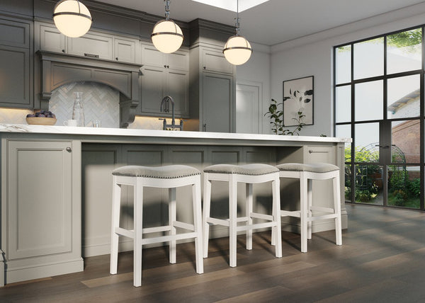 English Elm 31in. Farmhouse Whitewash Hardwood Barstool Nailhead Upholstered Seat Kitchen Island Accent White B2751P436419