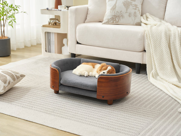 English Elm Scandinavian Elevated Pet Sofa Bed with Walnut Bent Wood Back, Velvet Stain-Resistant Fabric, Cozy Rest Dark Gray W794125914