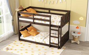 English Elm Twin Twin over Twin Floor Bunk Bed with Rustic Panel Headboards, Solid Rubberwood Frame, Space-Saving Design Antique Dark Oak W504P263818