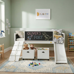 English Elm Twin Kids Loft Bed Solid Pine Frame with Slide Chalkboard and Climbing Rope Play Zone White N708P340493K