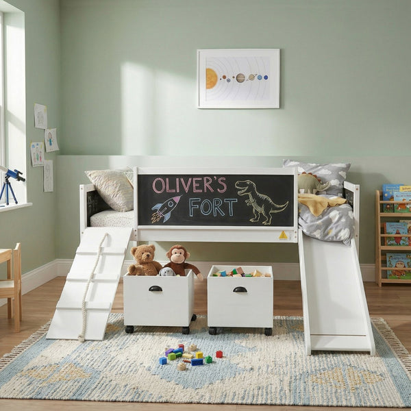English Elm Twin Kids Loft Bed Solid Pine Frame with Slide Chalkboard and Climbing Rope Play Zone White N708P340493K