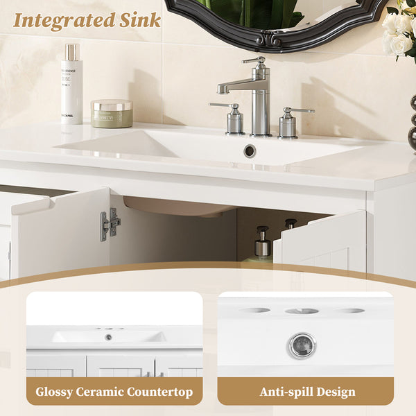 English Elm 36'' Wall Mounted Bathroom Vanity with Ceramic Sink, Solid Wood & MDF Floating Cabinet with Drawers White N710P293299K