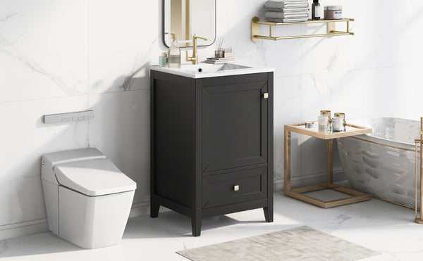 English Elm 20" Modern Bathroom Vanity With Ceramic Sink, Soft-Close Door, Drawer & Storage Rack In Black Finish N725P185452B