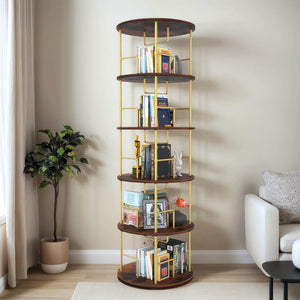 English Elm 5 Tier Rotating Bookshelf Tower with 360° Spin, Space-Saving Corner Display, Modern MDF Storage Unit Golden W3204P354235