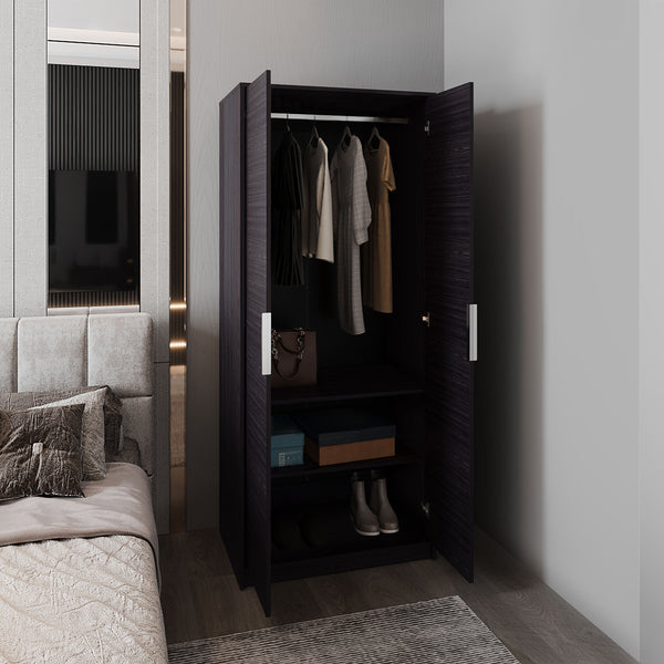 English Elm Armoire, Black Wengue 74.4" Tall Engineered Wood 2-Door 2-Shelf Modern Bedroom Storage Cabinet B097P369433