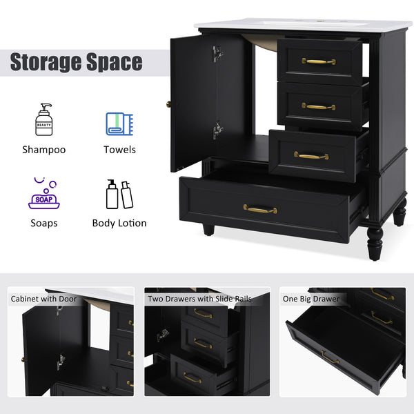 English Elm Christopher Knight Home® - 30" Bathroom Vanity with Ceramic Sink, Acacia & MDF Cabinet, Soft-Close Door & Drawers Black N759P346895B