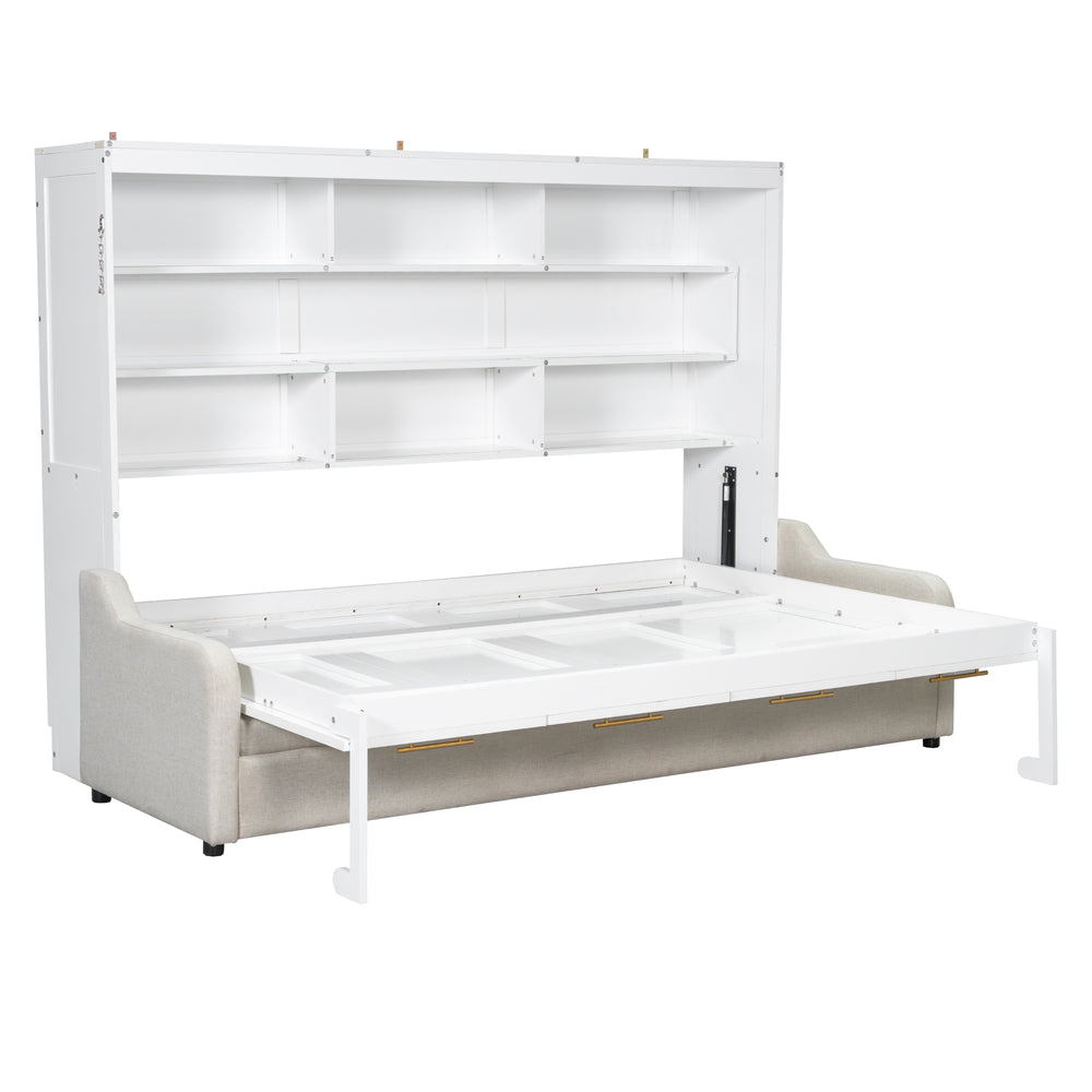 English Elm Queen Murphy Cabinet Bed with Sofa Foldaway, Built-In Shelves, LED Lighting, Space-Saving Beige N7090000603A