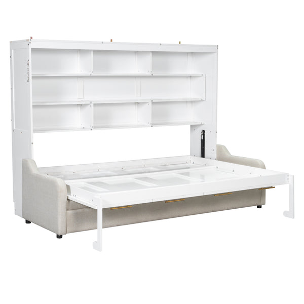 English Elm Queen Murphy Cabinet Bed with Sofa Foldaway, Built-In Shelves, LED Lighting, Space-Saving Beige N7090000603A