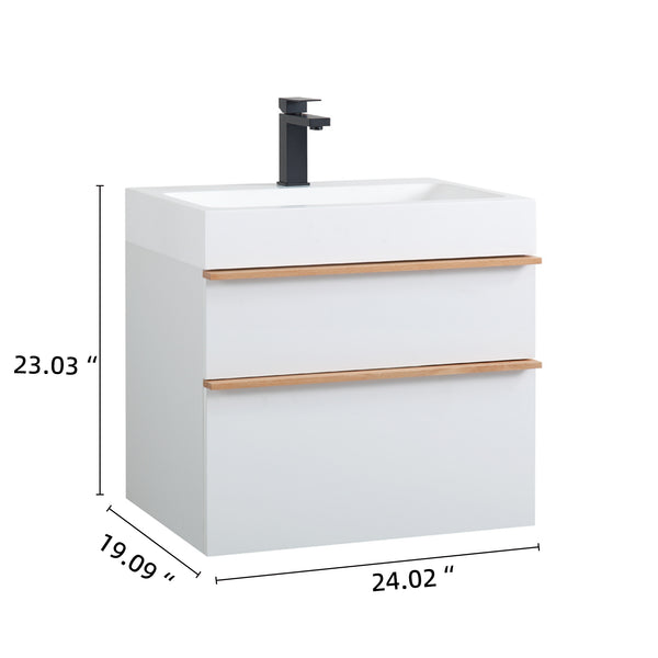 English Elm VELA 24 Inch Wall Mounted Bathroom Vanity with Integrated Acrylic Sink, Dual Wood Handles, Soft-Close drawers and Organizer White W3235P327448