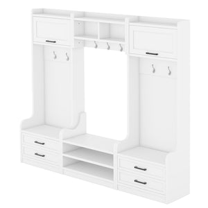 English Elm 4-in-1 Hall Tree with Bench, 7 Hooks, 2 Cabinets & 4 Drawers for Entryway Storage and Seating White W1580S00090