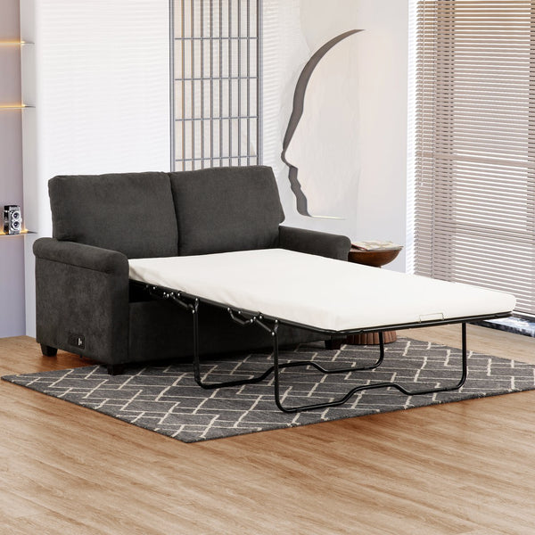 English Elm Convertible Twin Sleeper Sofa with USB Ports — Dark Gray 54" Compact 2-Seater Sofa Bed with Pocket Springs, Linen Upholstery & Side Outlet for Small Spaces B011P198404