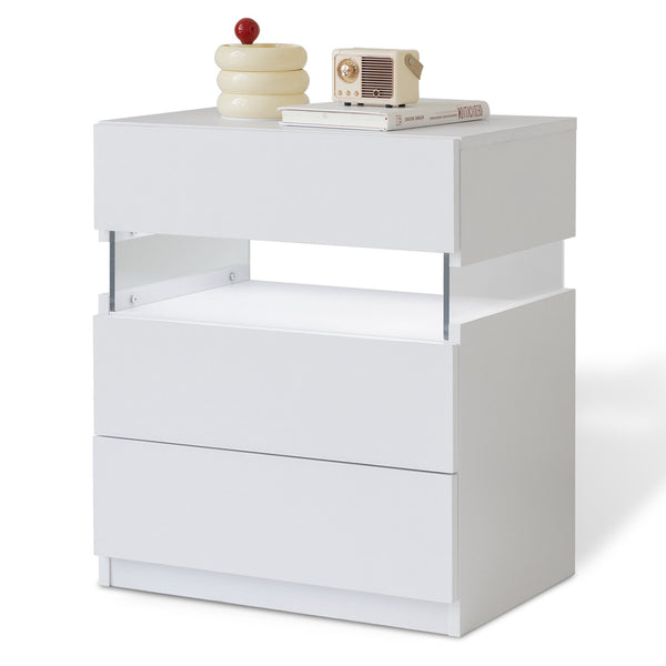 English Elm Led Nightstand with Rgb Acrylic Glow Panel Three Drawers Walnut Bedroom Table White W2178P412300
