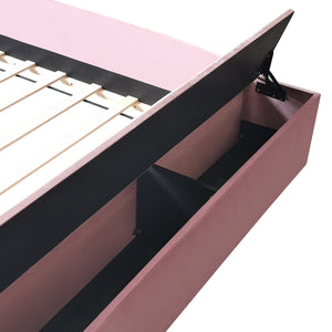English Elm Queen Velvet Daybed with Built-in Stairs Gas Lift Storage and Padded Safety Rails Pink+White SF000203AAH