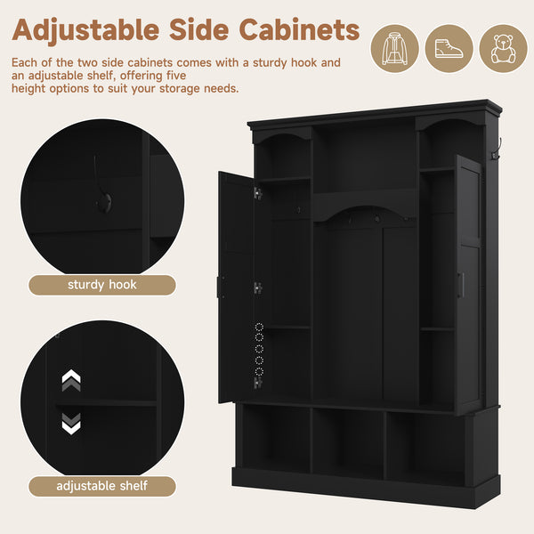 English Elm On-trend Farmhouse Hall Tree with Dual Cabinets Seven Hooks and Arched Entryway Storage Black N721S000078B