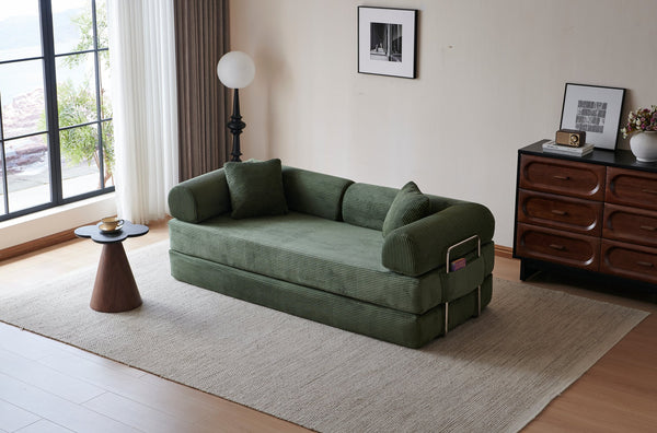 English Elm 78.8" Corduroy Modular Floor Sofa Convertible Sleeper Futon with Pillow Back Support Army Green W5617P455966