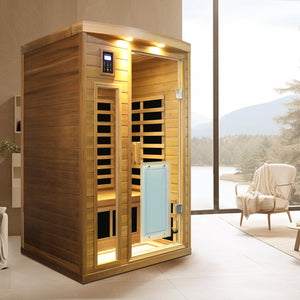 English Elm Low Emf Two Person Far Infrared Sauna with Cedar Wood Bluetooth Audio and Led Lighting W632S00024