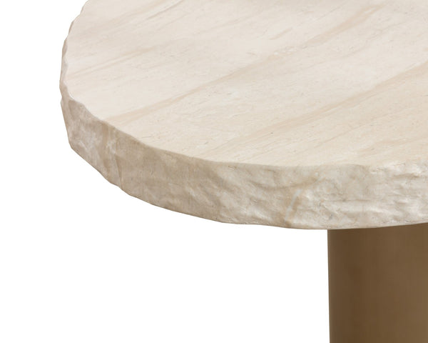 Sunpan IDRIS Dining Table - Modern Concrete Outdoor Centerpiece with Faux Travertine Top & Brass Base 112216