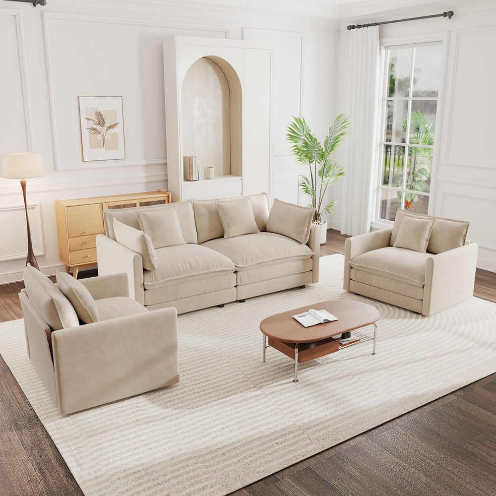 English Elm 3 Piece Chenille Living Room Sofa Set with Two Armchairs Toss Pillows Solid Wood Frame W714S00890