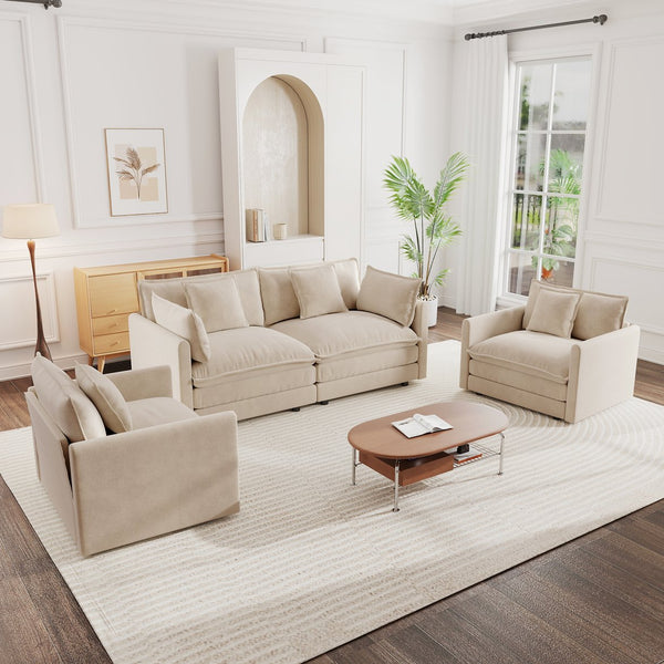 English Elm 3 Piece Chenille Living Room Sofa Set with Two Armchairs Toss Pillows Solid Wood Frame W714S00890