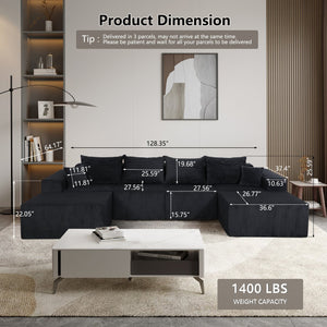 English Elm 6-Piece Modular U-Shaped Sectional Sofa with Chaise Convertible Corduroy Comfort and Secure Base Black W3163S00040